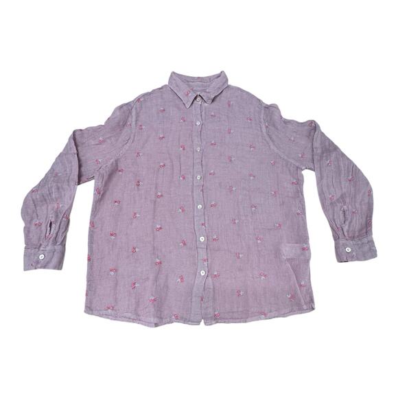 Haris Cotton Women’s XL Purple Floral AOP 100% Linen Collared Long Sleeve Casual - Picture 1 of 7